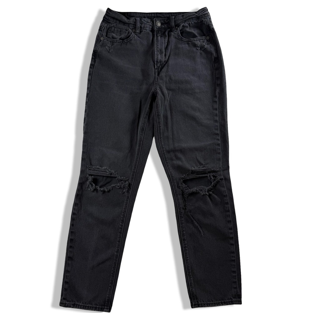 American Eagle Real Good Mom Jeans Black Distressed High Rise Denim Womens 27x26
